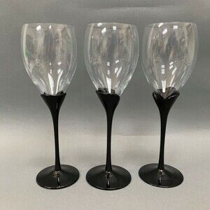 Clear Black Tulip Stem Wine Glass Glasses 9 3/8" high Lot of 3